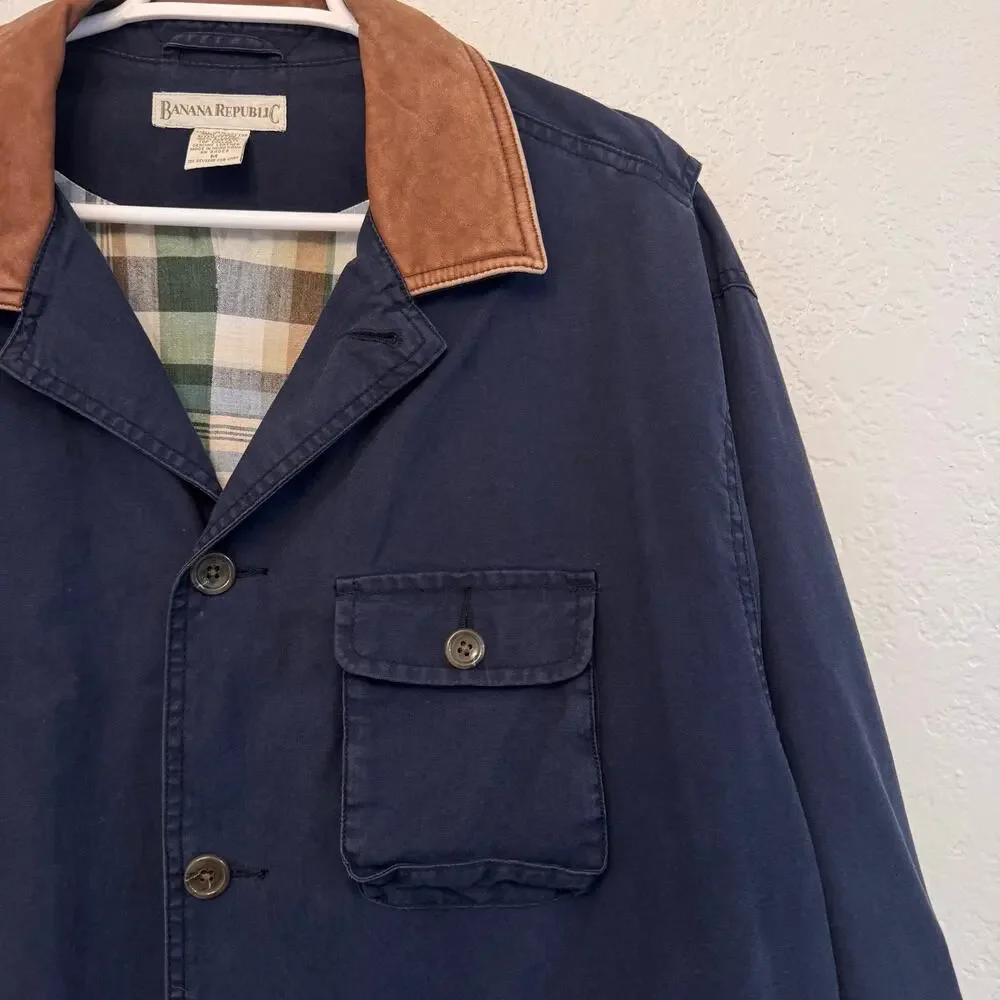 VTG Banana Republic Leather Collared Plaid Lined Chore Jacket Blue MED Utility